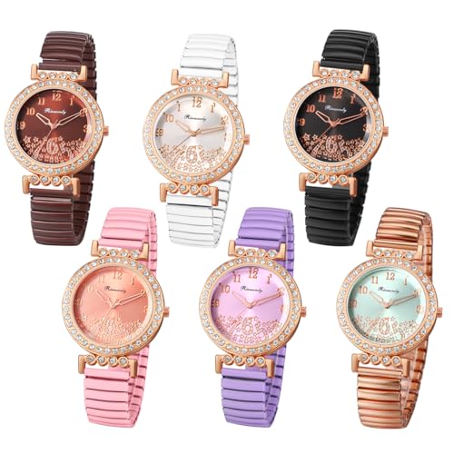 JewelryWe Reloj de pulsera elástico para personas mayores, analógico, de cuarzo, pulsera elástica, reloj informal con correa de acero inoxidable y esfera grande fácil de leer, 6 circonitas