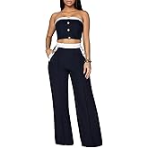 KANSOON Two Piece Outfits for Women Strapless Top and High Waist Wide Leg Pants Vacation Going Out Set