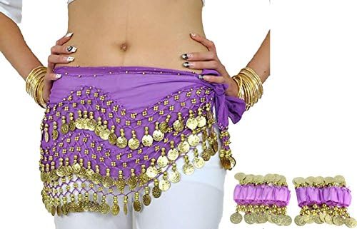 Gold Coins Belly Dance Chiffon Hip Scarf - Dance Belt & Wrist Ankle Cuffs Bracelets