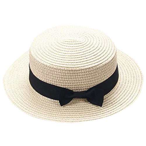 Children Girls Straw Bowler Derby Hat Round Flat Brim Boater Cap (Beige)