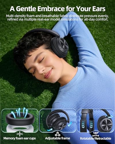 Hybrid Active Noise Cancelling Headphones 120H Playtime Wireless Headphones Bluetooth 6.0 Over Ear Headphones with 6 ENC HD Call Mic, Hi-Res 360° Spatial Audio ANC Headphone for Travel Workout Black