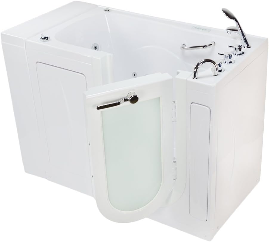 Ella's Bubbles OA3252HH5PRh Monaco Hydro+Foot Massage Acrylic Walk-in Bathtub with Right Outward Swing Door, 5 Piece Fast Fill Faucet, Dual 2" Drains, 32" x 52" x 43", White