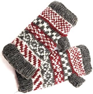 Hand Knit Fingerless Wool Texting Mittens Fleece Lined Made in Nepal (Gray + Deep Red)