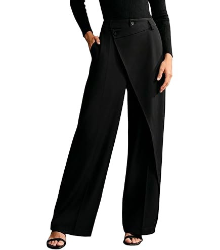 パンツ Asymmetrical waist wide straight slacks Verdusa Women's Color Block Asymmetrical High Waist Button