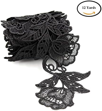 Floral Motifs Boho Black Lace Applique Trim Flower Embroidery Applique Sewing Craft Continuous 12 Yards