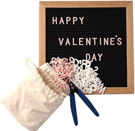 Felt Letter Board, 12 x 12 inches Oak Frame, 2 Sets of 290 Letters, Numbers and Punctuation in White and Light Pink, Scissors and 2 Bonus Cotton Bags, Plastic Stand