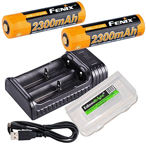 Fenix ARE-X2 battery charger, two Fenix ARB-L18-2300 18650 batteries with EdisonBright Battery carry case bundle