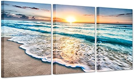 Hello Artwork Canvas Art Prints Blue Sea Sunset White Beach Painting The Picture Print On Canvas Beach Seascape In Cancun Mexico Wall Art Framed for Living Room (16''x24''x3pcs)