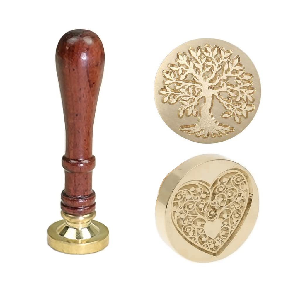 Wax Seal Stamp 2 pcs Sealing Wax Stamps with 1 Wooden Handle Brass Heads for Greeting Card, Envelope Invitation, Gift Wrapping (Tree of Life/Heart)