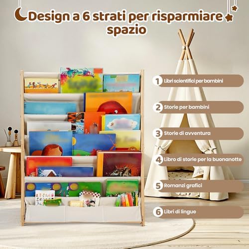 Libreria Montessori per Bambini Con 6 Scomparti in Tessuto Oxford - Libreria per Bambini in Legno Naturale - Libreria Montessori Con Bordi Arrotondati e Design Spazio-Saving(Naturale)