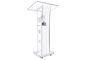 DEVLOUTT Acrylic Podium Stand, Ultra Clear 43'' Pulpits for Churches with 15 Color Adjustable, Modern Lectern with Storage Sheld for Church,Conference,Speech,Classroom, 23.62”x 15.75”X 43.3” (with Wheels)