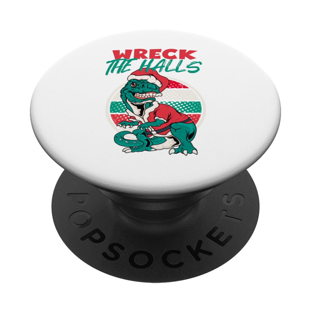 Wreck the Halls Trex in Santa Hat Christmas Retro Sunset PopSockets Swappable PopGrip