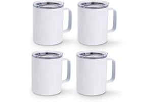 PYD Life Sublimation Mugs Blank Stainless Steel Coffee Tumbler 10 OZ White Double Walled Coffee Camping Mugs with Handle and Lid for Cricut Mug Press Machine Heat Transfer Print 4 Pack