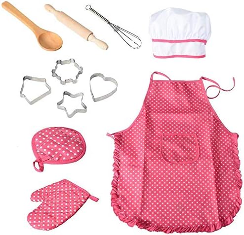 Christams Gifts Kids Pretend Play Toy Kitchen, 11 Pcs Cooking And Baking Set - Includes Apron, Chef Hat, Oven Mitt, And Other Cooking Utensils, Career Role Play Chef Dress Up For Girls And Boys (Pink)