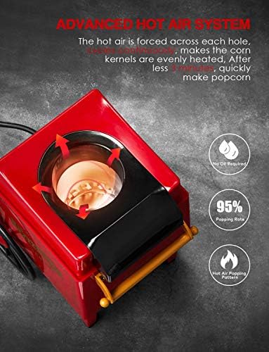 Aicook Machine à Pop Corn, 1200W Retro Machine à Popcorn avec Air Chaud, Sans Gras Huile, Facile á L'utilisation, Rouge