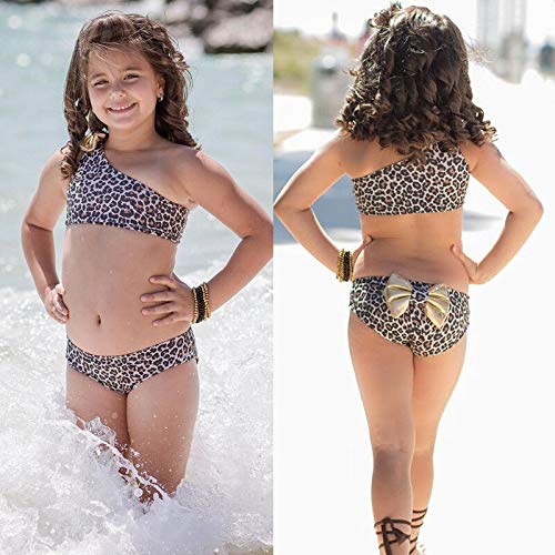 Toddler Kids Baby Girl Swimwear Cute Dinosaur Print Tassel Top Bikini Set Summer Swimsuit Beachwear with Headband (Off One Shoulder Bow Leopard - Yellow, 0-3 Months) - Thumbnail 3