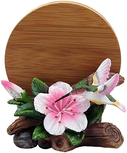 Hummingbird Bird Floral Flower Figurine Coaster Holder Set with Bamboo Wood Coasters, 4.5"