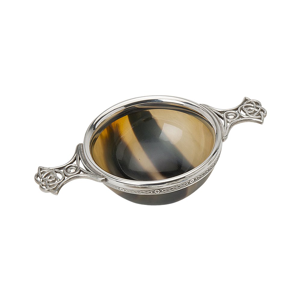 Edwin Blyde & Co Quaich – African Cow Horn Bowl with Pewter Rim, Celtic Wire and Weave Handles, 4 inch, 18 x 12 x 6 cm