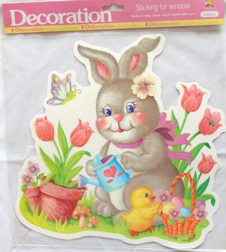 Grey Easter Bunny and Chick Watering Flowers Static Vinyl Glitter Window Cling