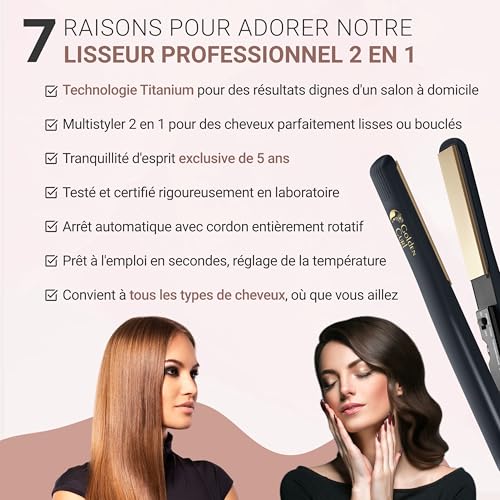 Golden Curl Professional Hair Straightener – 5 Years of Tranquility – 2 in 1 Hair Straightener and Curler – Hair Straightener for Straightening and Curling (Gold)