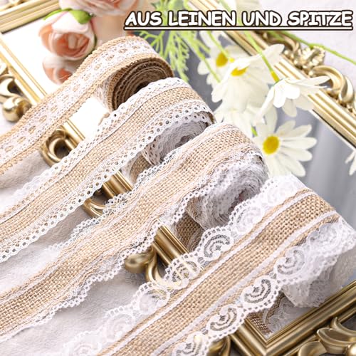 VGOODALL 4 Rollen Juteband Mit Spitze, Juteband Vintage Spitzenband Natürliche Sackleinen Hessische Juteband für Tischdeko Basteln Geschenkband DIY Handwerk