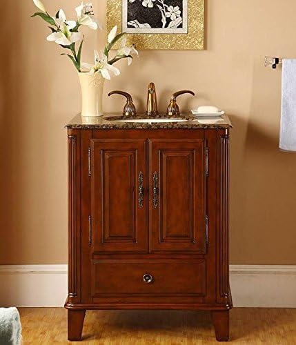 Silkroad Exclusive Single Sink Bathroom Vanity with Special Walnut Finish Cabinet, 28-Inch