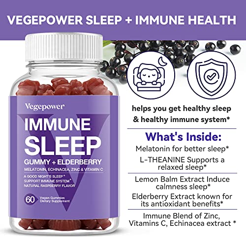 VEGEPOWER Immune Sleep Gummy - Melatonin & Elderberry, Echinacea, L-theanine, Lemon Balm, Zinc, Vitamin C, Immune and Sleep Support for Adults, Vegan - Rasp Flavor, 60 Bears