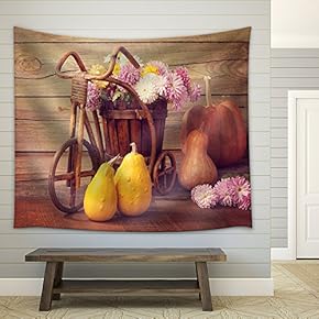 Autumn Still Life - Pumpkins and Chrysanthemums Bunch - Fabric Wall Tapestry Home Decor - 51x60 inches