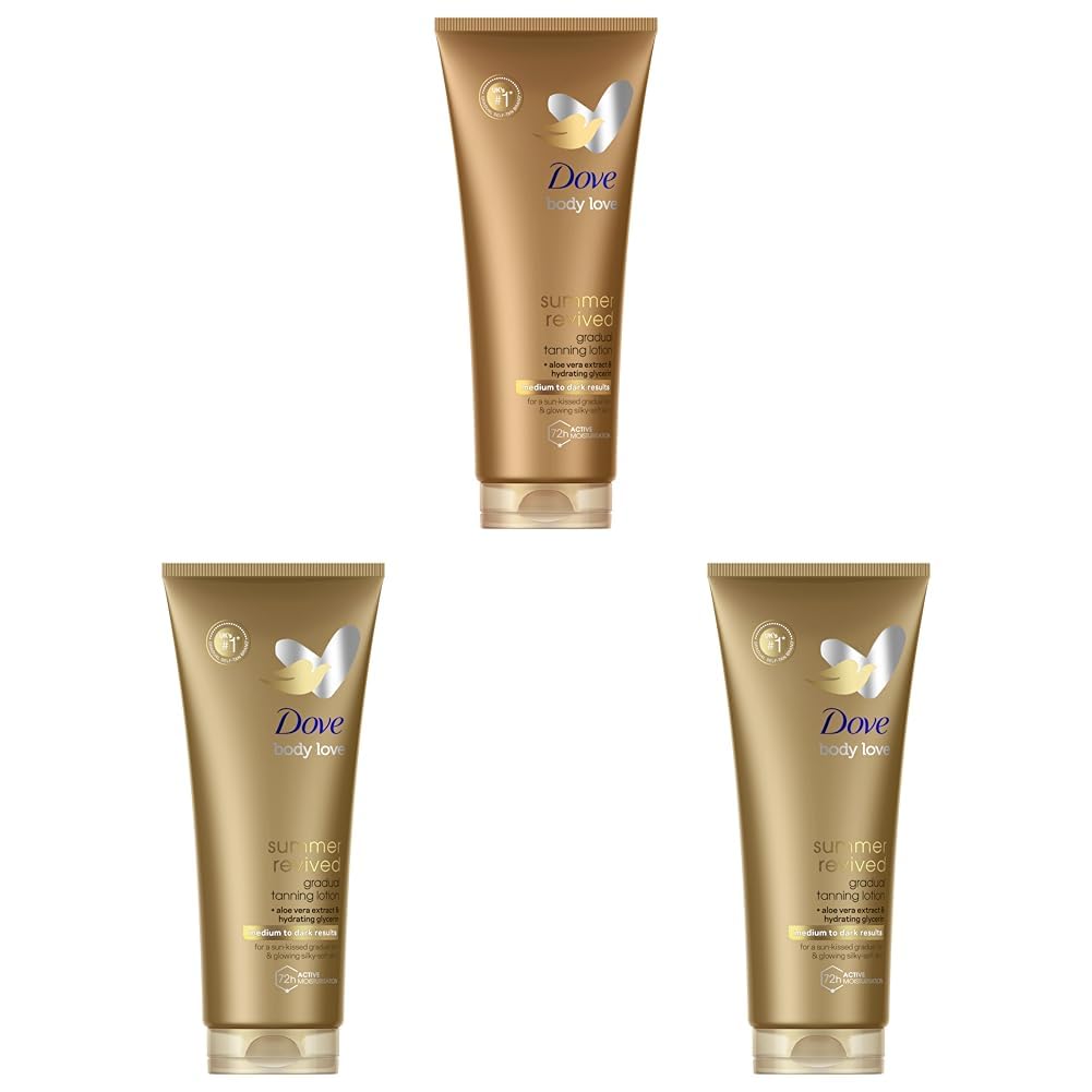 Dove Summer Revived Medium to Dark Gradual Tanning Lotion for a gradual tan and natural, radiant glow non‑greasy self-tan for all skin types 200 ml (Pack of 3)
