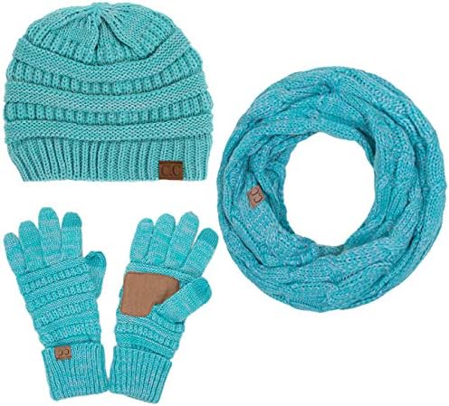 ScarvesMe CC 3pc Two Tone Trendy Warm Chunky Soft Stretch Cable Knit Beanie, Scarves and Gloves Set