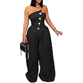 KANSOON Jumpsuits for Women Strapless Tube Top Wide Leg Long Pants Buttons Sexy One Piece Dressy Outfits