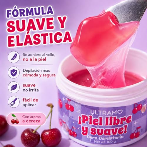 ULTRAMO Cera Depilatoria Suave 1pzs | Depilacion Sin Dolor, Facil Dne Calentar Que Deja La Piel Limpia Y Suave, Para Cuerpo Completo Y Areas Sensibles, 100g (Cereza)