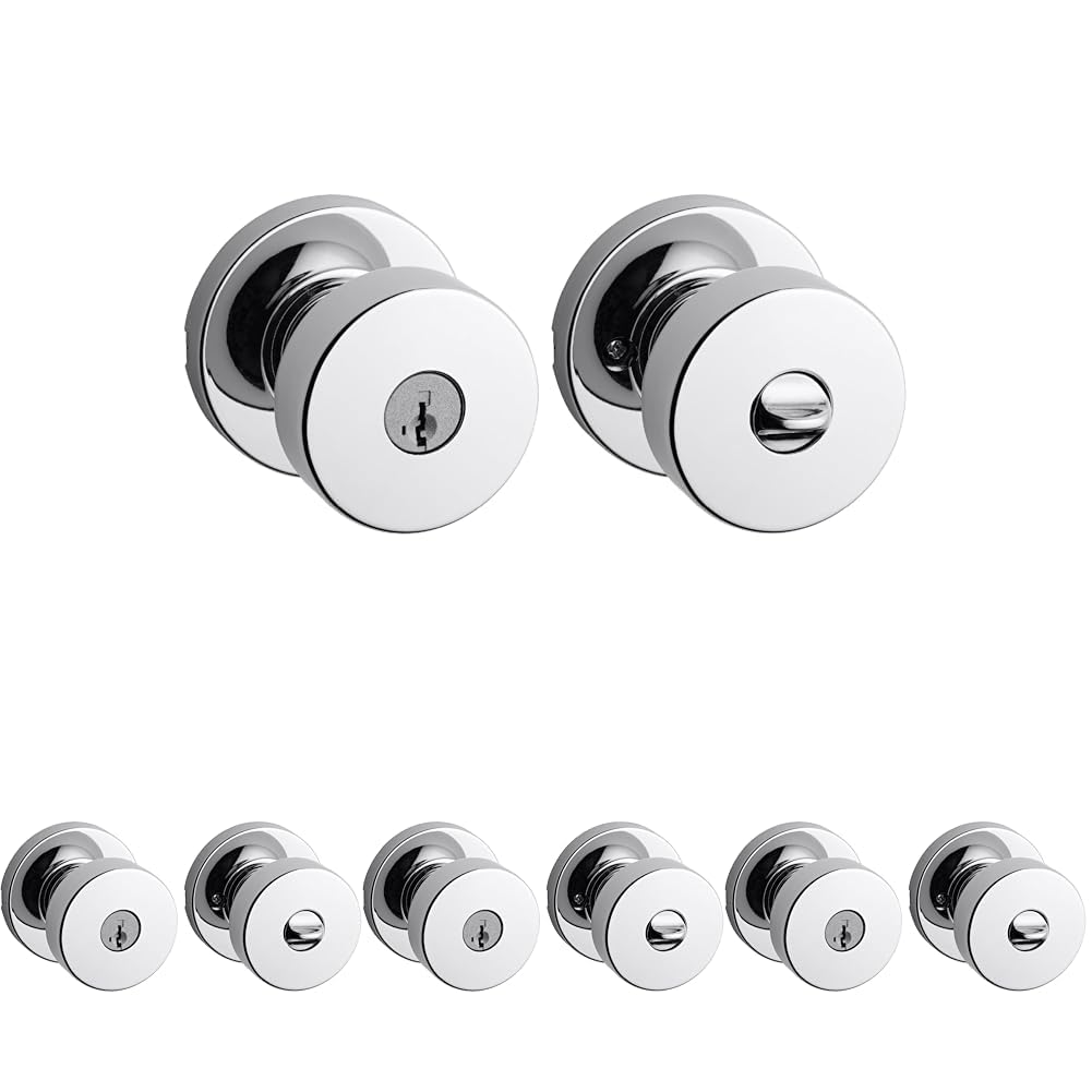 Kwikset Pismo Entry Door Knob with Lock and Key, Secure Keyed Handle Exterior Doorknob, Front Entrance and Bedroom, Polished Chrome, Pick Resistant SmartKey Rekey Security (Pack of 4) Image