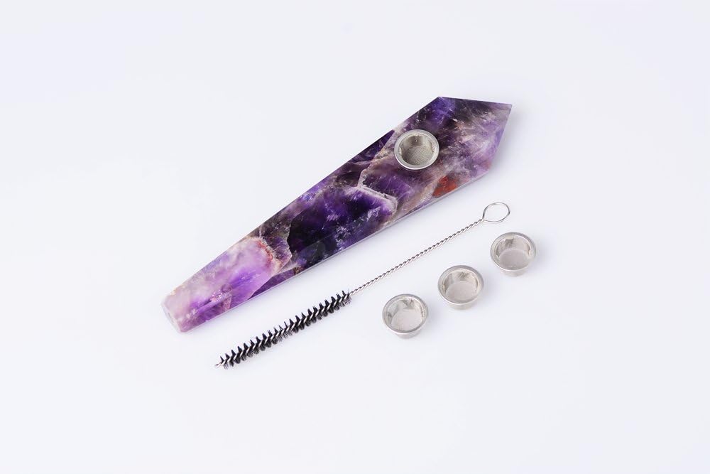 ruhong 3.5-4.5 Inches Natural Quartz Stone Healing Crystal Fluorite Point Wand Craft with 3 Metal Filters &1 Brush Wholesale (Dreaming Amethyst)