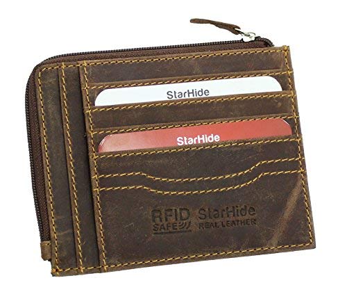 STARHIDE Small Zipped Wallet for Men Women | RFID Slim Card Case Wallet | Top Grain Real Leather Zip Coin Pouch Purse for Adults & Teens (Distressed Brown) 1095