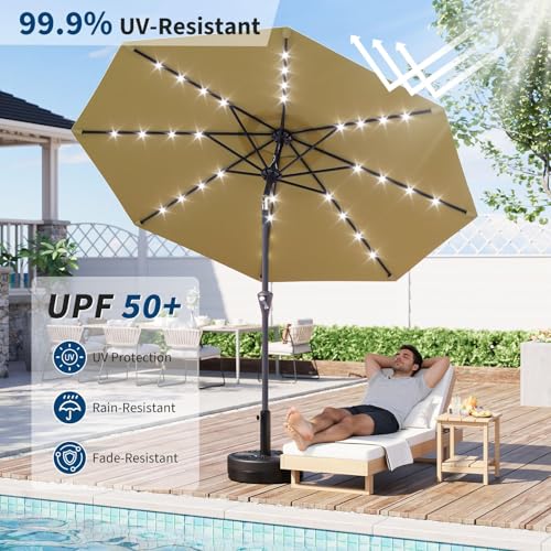 GarveeHome Ombrellone Da Giardino Solare 3 m Con 32 Luci LED, Protezione UV, Sollevamento a Manovella, Inclinazione Regolabile Con Pulsante, Per Terrazzo e Giardino