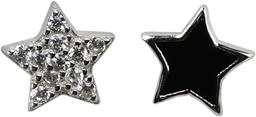 Sterling Silver Cubic Zirconia Black Enamel Asymmetric Delicate Small Star Stud Earrings for Women