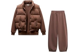 YUSHE Three Piece Sets for Women | Cotton Rich Sweatshirt and Jogger with Lightweight Puffer Jacket | Winter Cord Sets