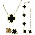 Generic 3 PCS Lucky Clover Necklace Set, 18K-Gold Plated Trendy Lucky Clover Bracelet, Necklace, Earrings Jewelry Set,Gifts for Mom, Wife, Daughter，Friends, Black