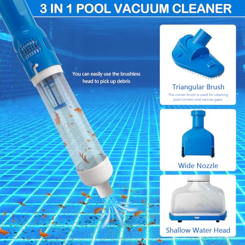 Pool Vacuum Cleaner with Battery, 3 in 1 Portable Pool Vacuum with Telescopic Handle, Wireless Pool Vacuum for Small Pools, Spas, Hot Tubs