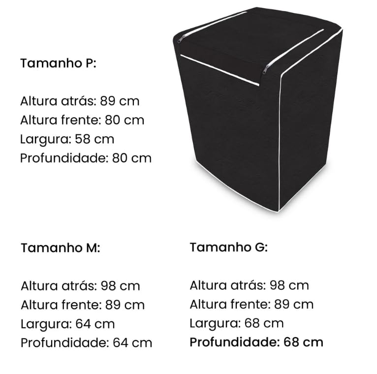 Capa Para Maquina De Lavar Brastemp Eletrolux Consul 12Kg 13Kg 14Kg 15Kg 16Kg 17Kg Impermeável Forrada Com Zíper Proteção UV Material Super Resistente E Perolizado de Alta Qualidade (PRETO, G)