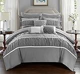 Chic Home 10 Piece Cheryl Pleated & Ruffled Bed In A Bag Comforter Set with Sheet Set, Queen, Grey