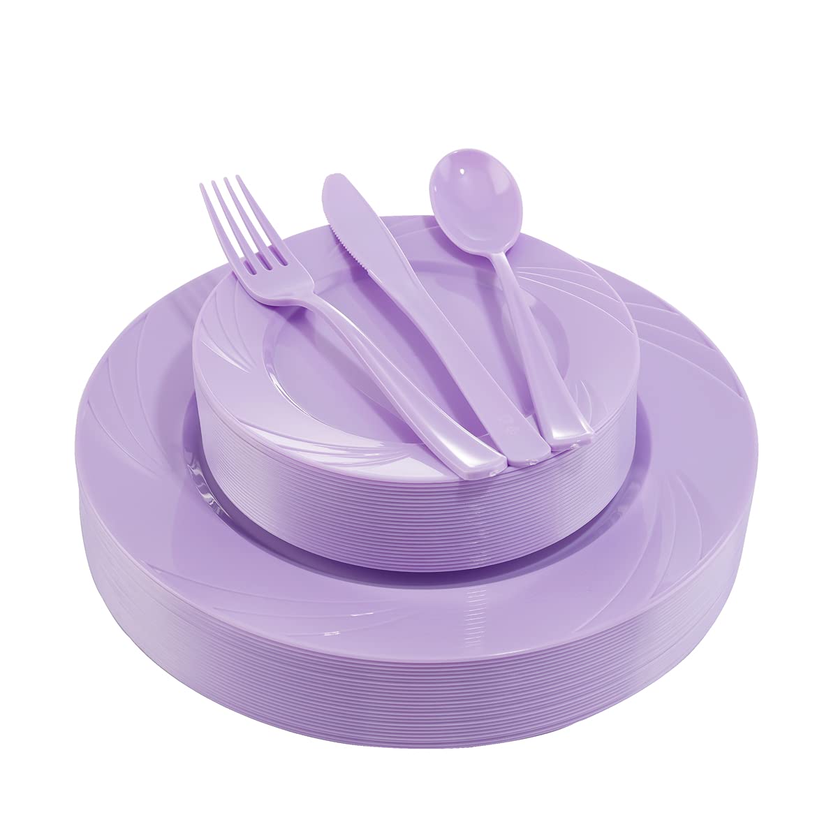 Photo 1 of YOUBET 125PCS Purple Plastic Plates - Lavender Plate - Purple Plastic Silverware - Include 50 Dinner & Dessert Plates 25 Forks 25 Knives 25 Spoons for Wedding Birthday Parties