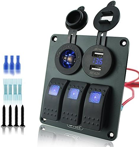 Ambuker Waterproof DC12V/24V 3 Gang blue Rocker Switch Panel +Power socket+ Double USB 4.2A Power Outlet Charger voltmeter Socket for Marine Boat Car Rv Vehicles