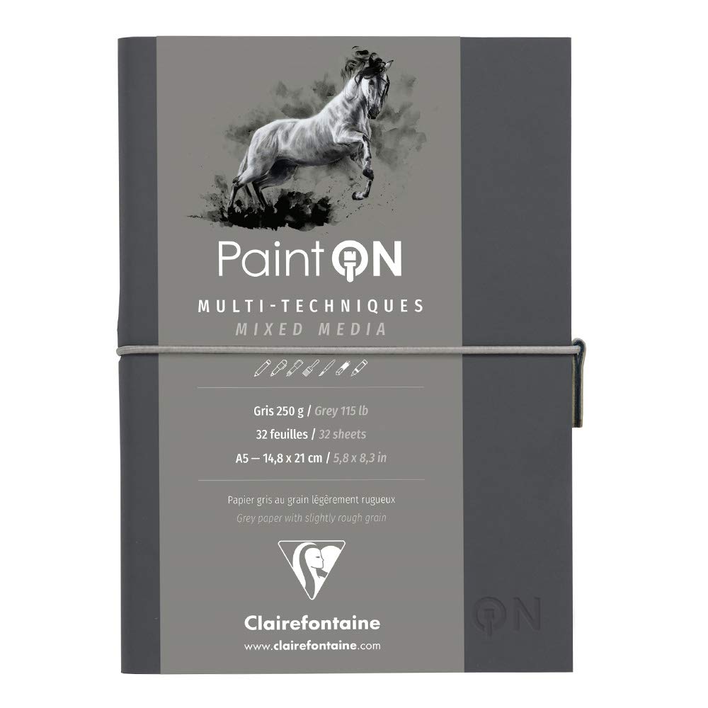Clairefontaine - Ref 975184C - Paint'On Multi-Technique Grey Sewn Art Book (32 Sheets) - A5 Size, 250gsm Paper, Acid Free - Suitable for Multiple Techniques
