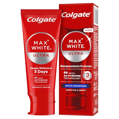 Max White Ultra Pasta de dientes Efecto Instantáneo, Blanquea las Manchas Profundas en 3 Días, la Tecnología ActiveShine Suaviza la Superficie del Esmalte para Reflejar la Luz, Sabor Mejorado