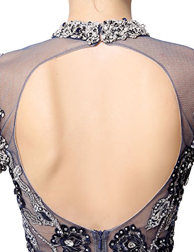 Anmor Tulle Mother Of The Bride Dress High Neck Beaded Sequin Applique Evening Prom Dress Long Sleeeve Navy Blue US2