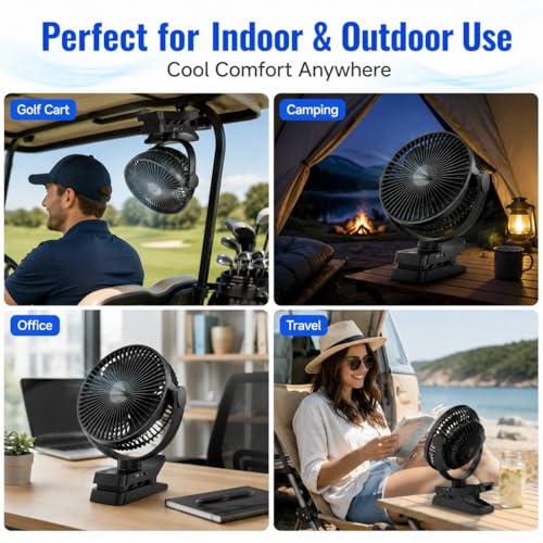 8.3 Inch Clip on Fan with Remote, 12000mAh Battery Operated Rechargeable Desk Fan with LED Light, Timer & Power Display, 4 Speeds Portable Fan for Golf Cart, Camping Tent, Travel, Office, Outdoor | 12000 mAh battery, battery level indicator, LED light, timer