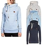 Smile Fish Women Casual Stripe Funnel Neck Pullover Hoodie Sweatshirt with Leather