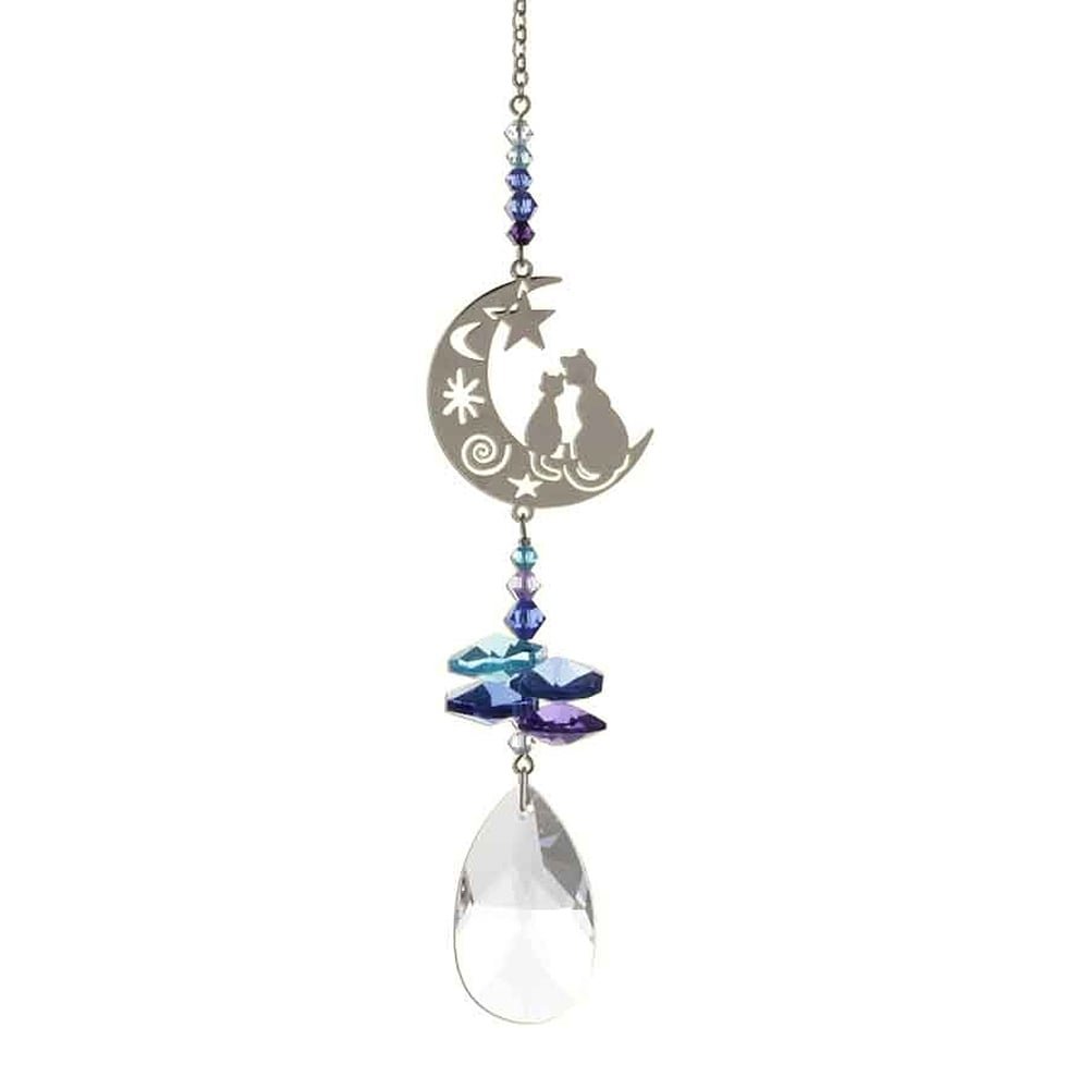 38mm Blue Purple Two Cats in the Moon Hanging Suncatcher Rainbow Maker with Swarovski Crystal